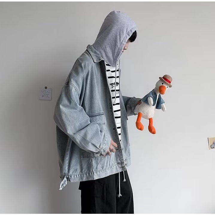 Áo Khoác Denim Dáng Rộng Phong Cách Retro Hong Kong Thời Trang Thu Đông Cho Nam