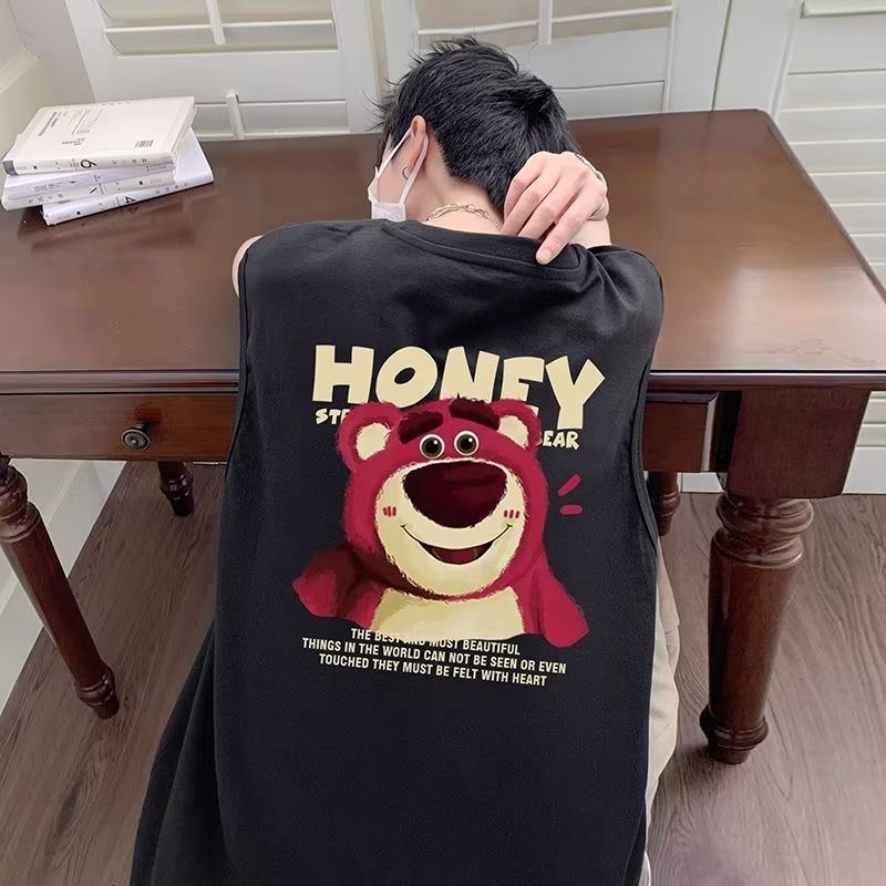 Áo Thun Ba Lỗ Cổ Tròn In Hình Gấu Và Dâu Tây Hoạt Hình Phong Cách Hip Hop Thời Trang Mùa Hè Cho Nam Cỡ M-5XL