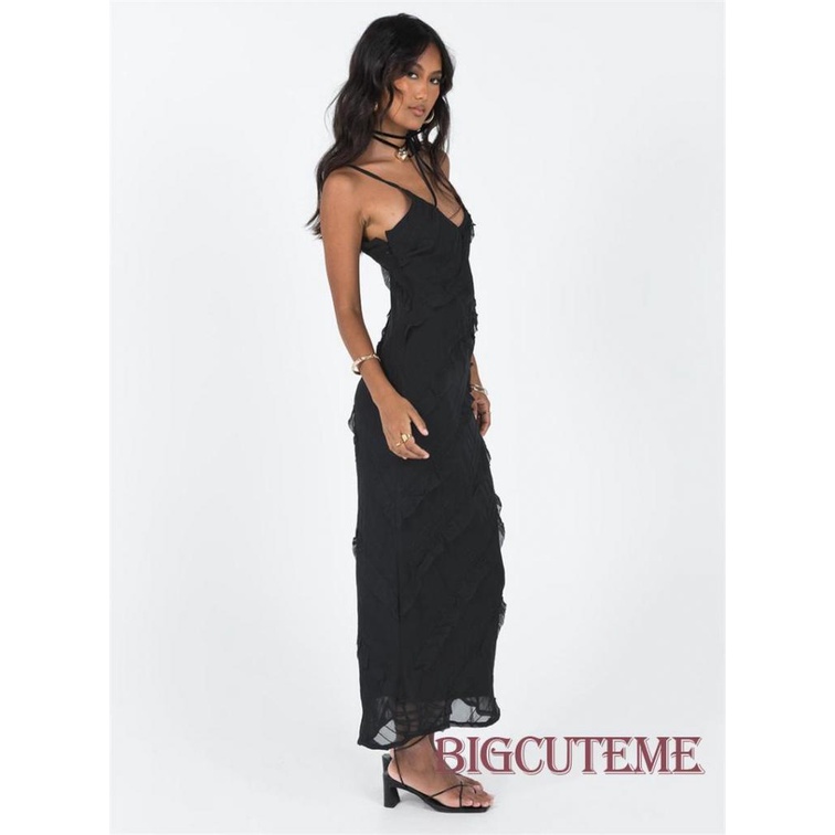 Đầm Dài Không Tay Cổ Chữ V Diềm Xếp Nếp Màu Sắc Thời Trang Mùa Hè Cho Nữ