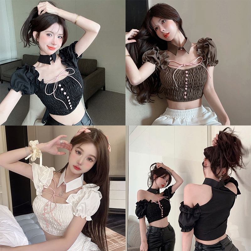 Áo Croptop Trễ Vai Tay Phồng Dáng Ôm Thời Trang Hàn Quốc Quyến Rũ Cho Nữ