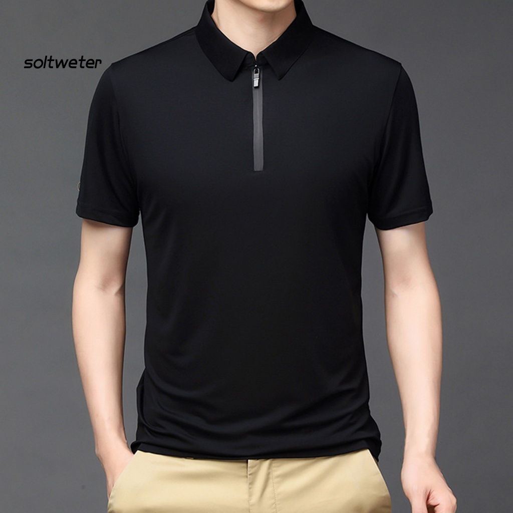 Áo Sơ Mi Tay Ngắn Cổ Bẻ Màu Sắc Đơn Giản Có Khóa Kéo Thời Trang Đường Phố Cho Nam