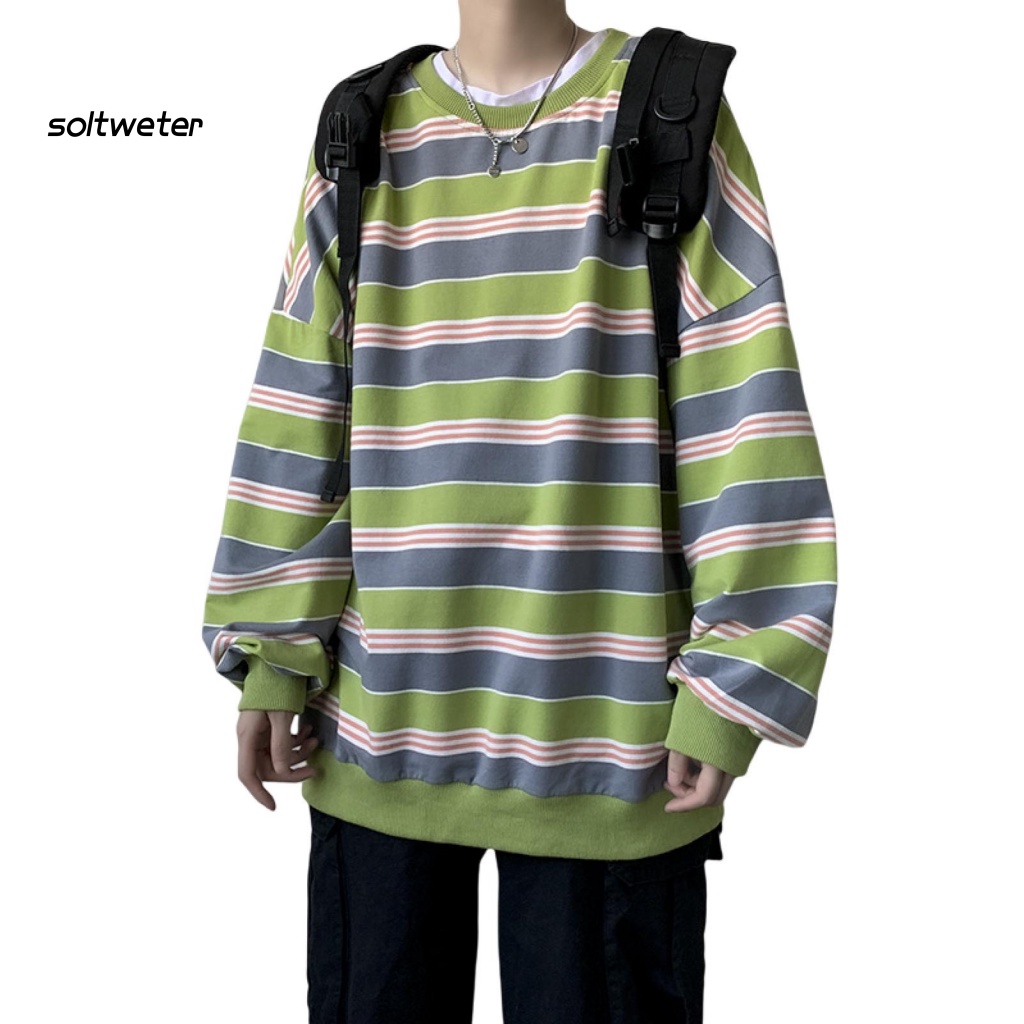 Áo Thun Tay Dài Cổ Tròn Dáng Rộng Mềm Mại In Họa Tiết Kẻ Sọc Màu Tương Phản Thời Trang Xuân Thu Cho Nam