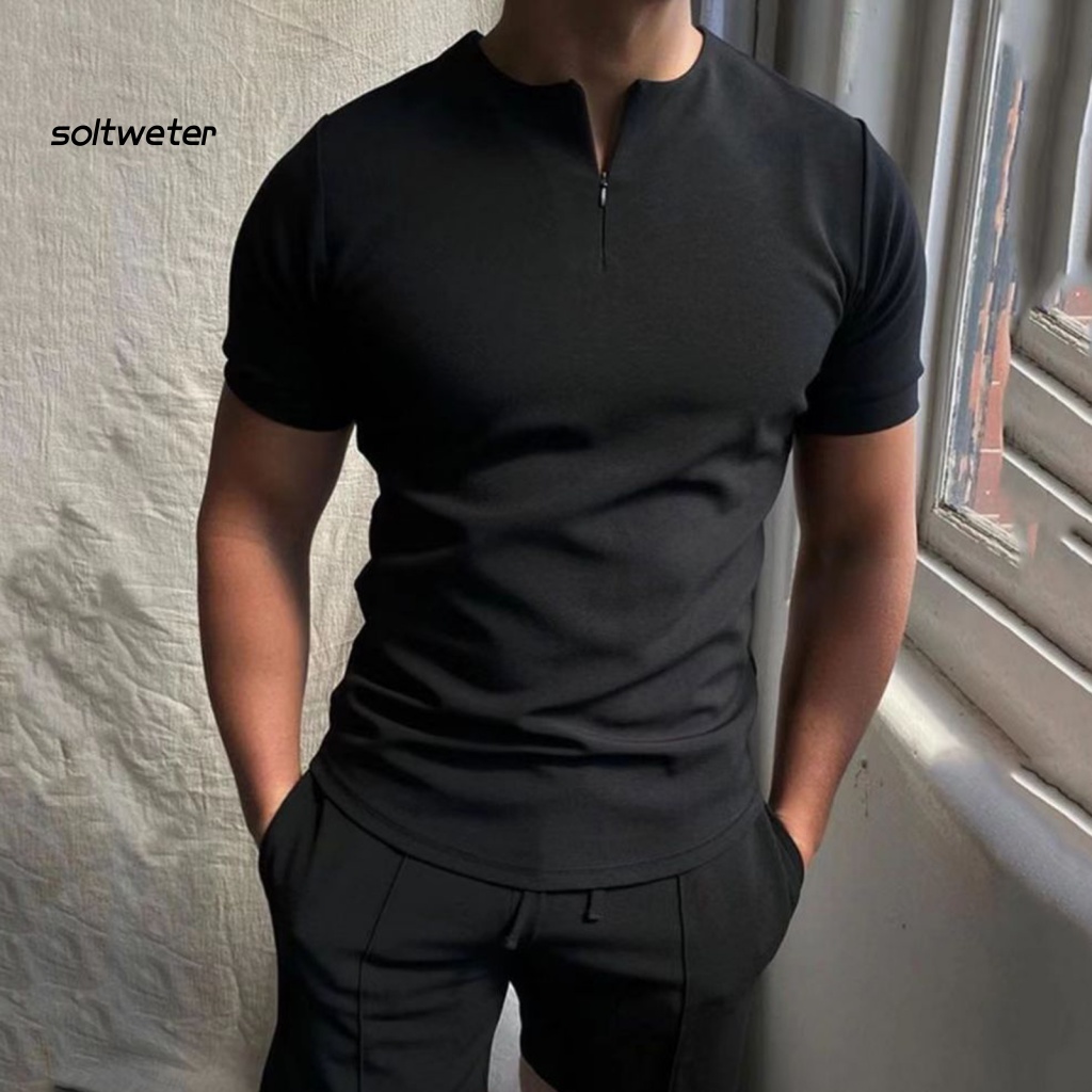 Set Đồ Mùa Hè 2 Món Gồm Áo Thun Tay Cộc Cổ Đứng Có Khóa Kéo + Quần Ngắn Lưng Thun Cho Nam