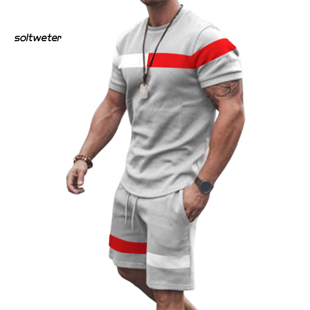 Bộ Đồ Thể Thao 2 Món Áo Thun Cổ Tròn Phối Quần Short Lưng Thun Màu Sắc Tương Phản Thời Trang Mùa Hè Cho Nam