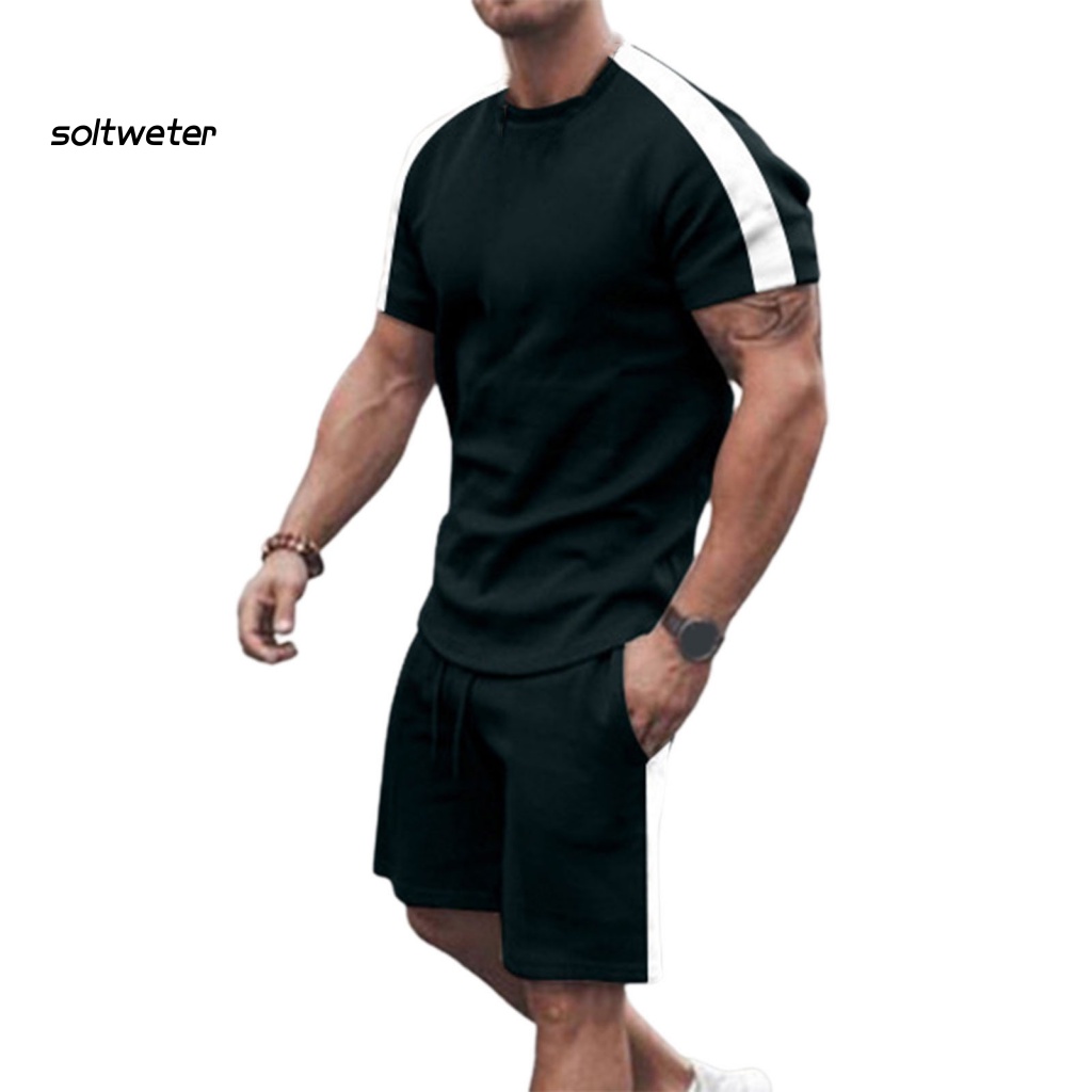 Bộ Đồ Thể Thao 2 Món Áo Thun Cổ Tròn Phối Quần Short Lưng Thun Màu Sắc Tương Phản Thời Trang Mùa Hè Cho Nam