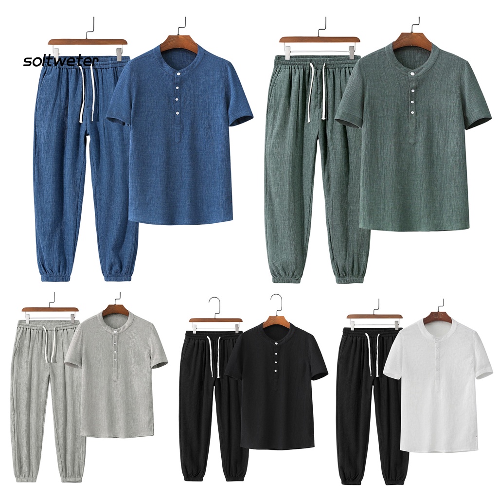 1 Bộ Áo Thun Cổ Tròn Cài Nút Màu Trơn Phối Quần Dài Lưng Thun Co Giãn Thời Trang Mùa Hè Cho Văn Phòng
