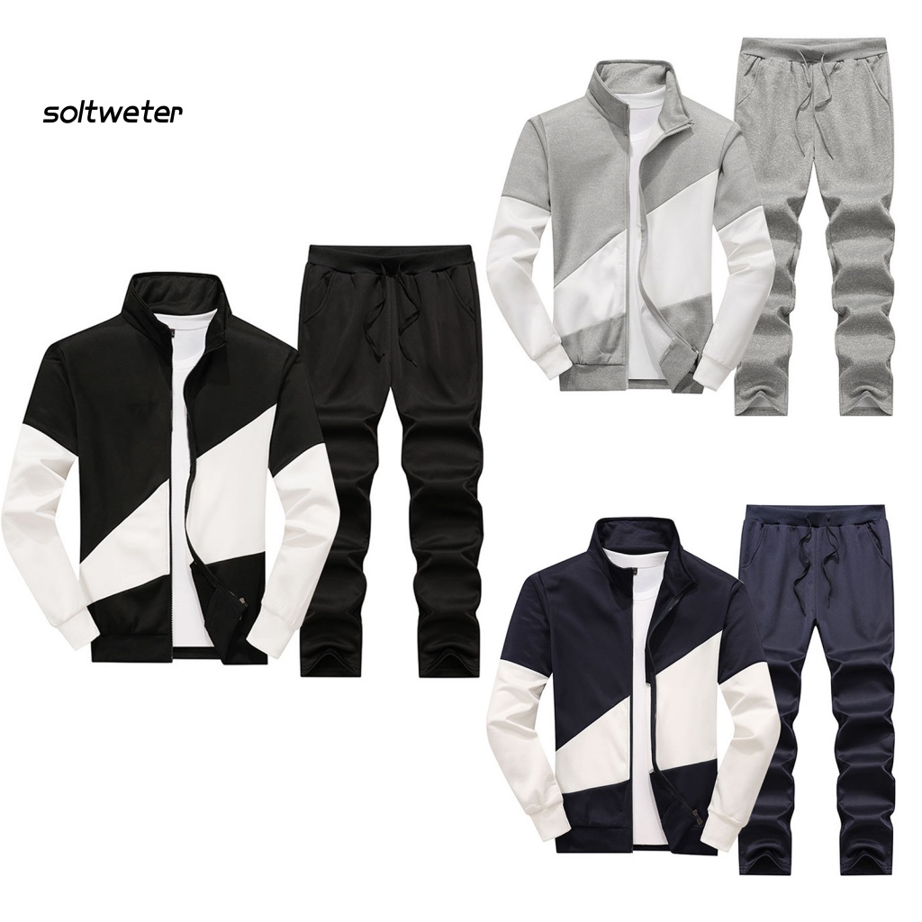 1 Bộ Áo Khoác Cổ Đứng Phối Màu Tương Phản + Quần Lưng Thun Phong Cách Đường Phố Thời Trang Xuân Thu Cho Nam