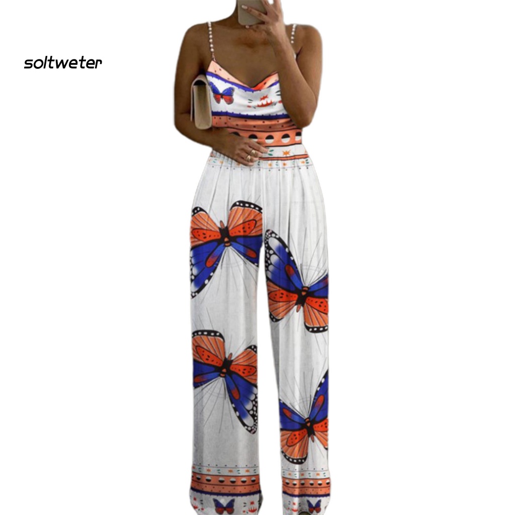 Bộ Áo Liền Quần Hai Dây Dáng Rộng In Hoa Đính Ngọc Trai Nhân Tạo Thời Trang Đường Phố Cho Nữ