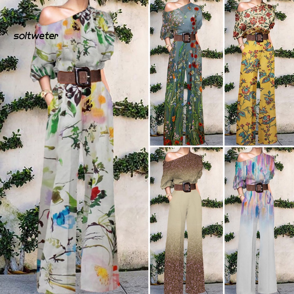 Bộ Áo Liền Quần Tay Lửng Cắt Cao Ống Rộng In Họa Tiết Hoa Lá Sống Động Cho Nữ