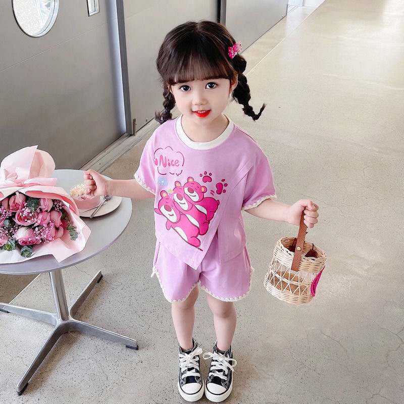 Bộ Áo Thun In Hình Gấu Dễ Thương Kèm Quần Ngắn Thời Trang Mùa Hè Cho Bé Gái 2-9 Tuổi