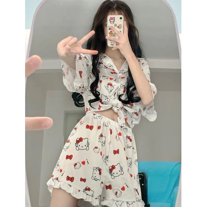 Bộ Đồ Ngủ Tay Ngắn In Hoạt Hình Hello Kitty Phong Cách Nhật Bản Thời Trang Mùa Hè Xinh Xắn Cho Nữ