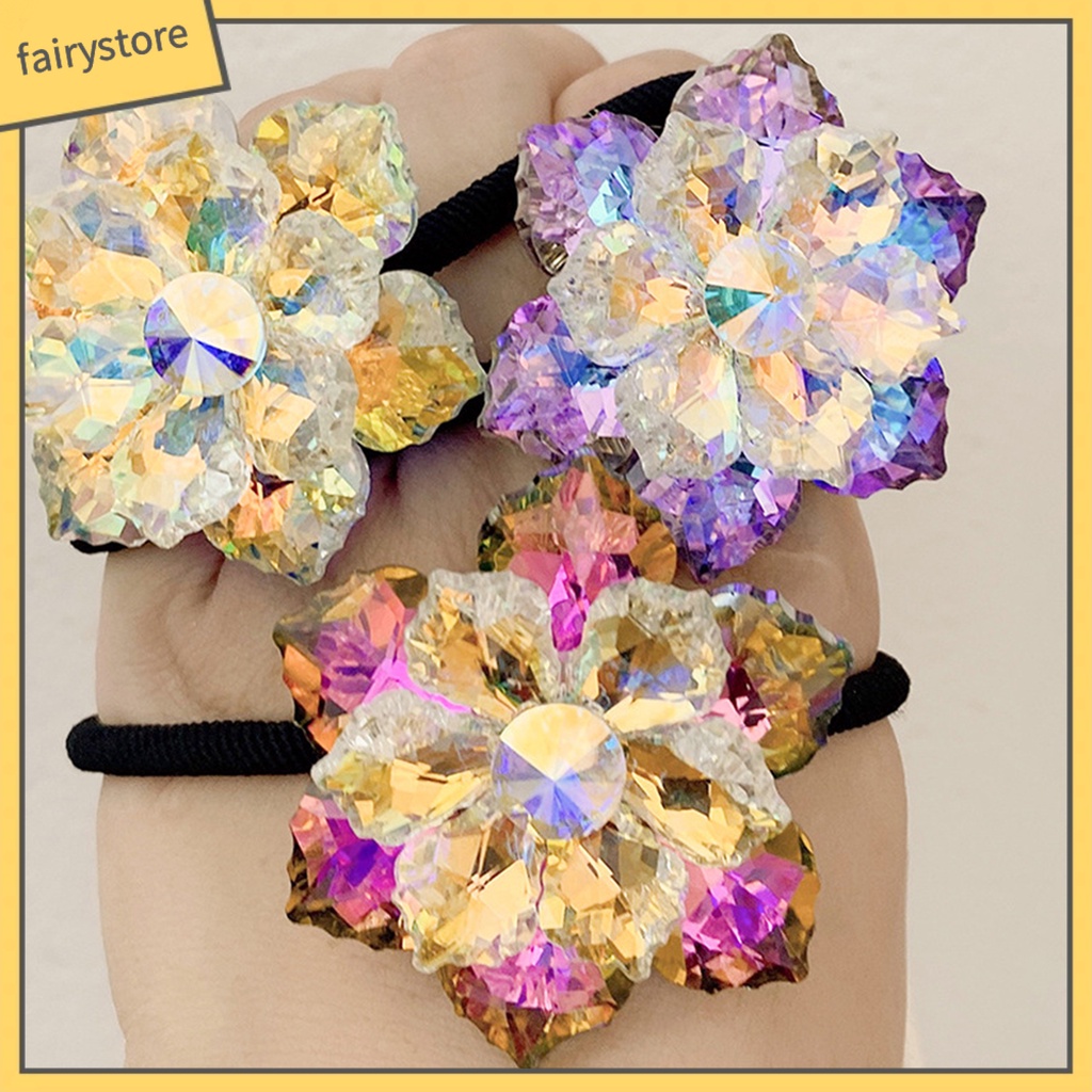 Dây Buộc Tóc Cao Su Co Giãn Đính Pha Lê Giả Màu Đen Ngọt Ngào Cho Nữ