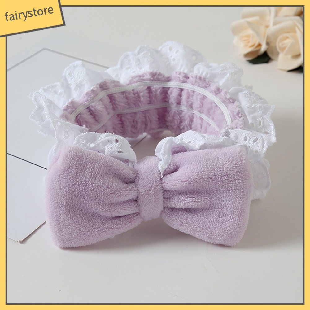 Băng Đô Rửa Mặt Trang Điểm Bằng Lông Cừu San Hô Co Giãn Cột Nơ Phối Ren Cho Nữ