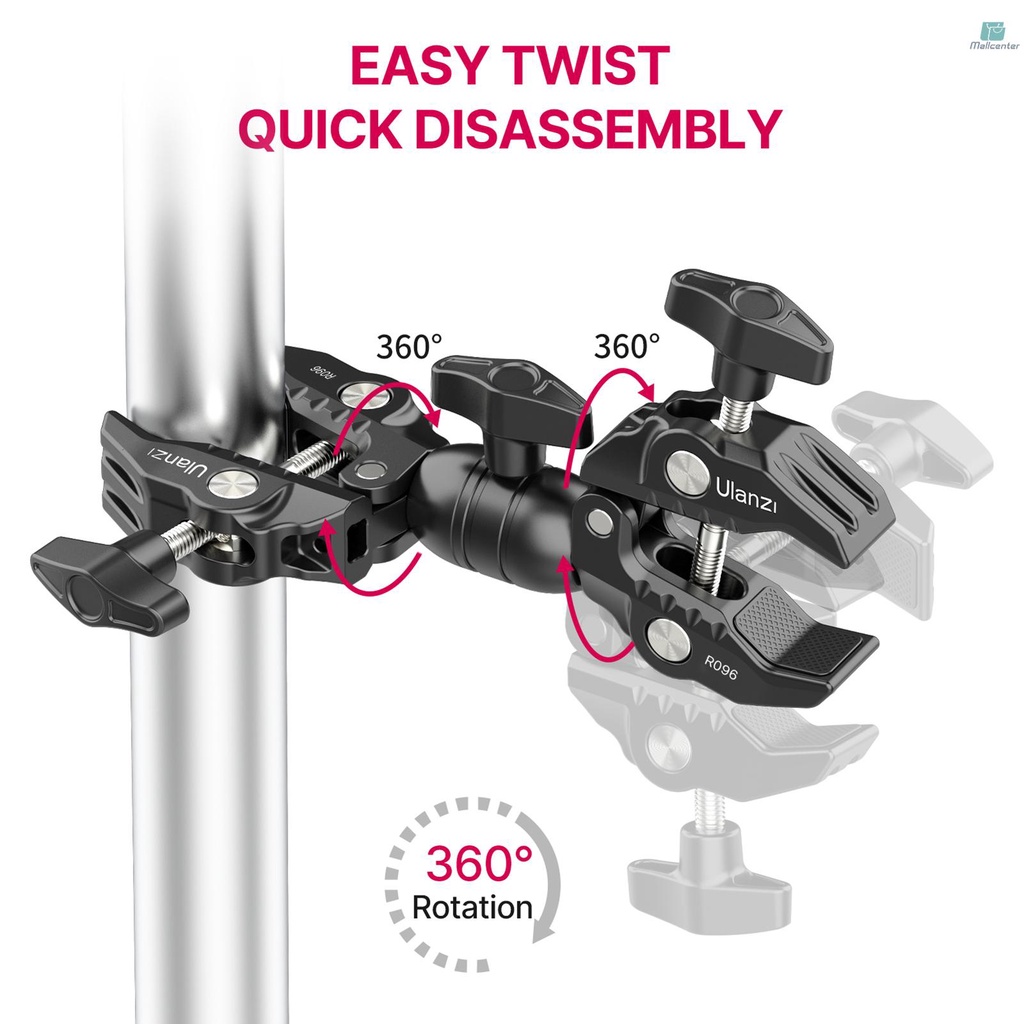 Ulanzi R096 Multi-function Super Clamp Aluminum Alloy Double Clamps Design 360° Rotation 1.5kg Load Capacity Powerful Photography Accessories