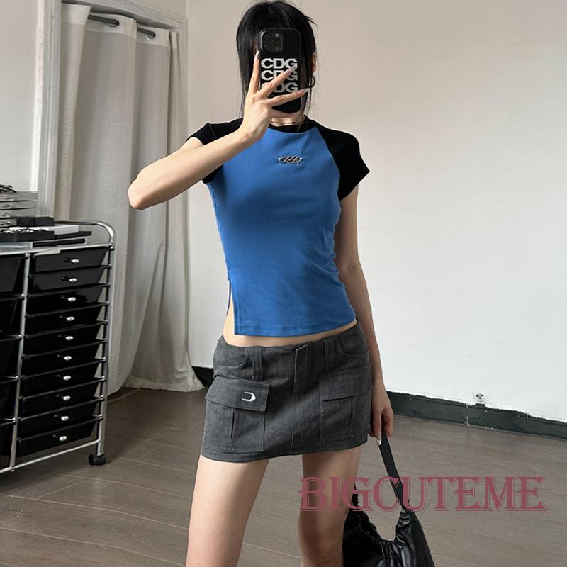 Áo Thun Crop Top Tay Ngắn Cổ Tròn Màu Sắc Tương Phản Thời Trang Xuân Hè Dành Cho Nữ