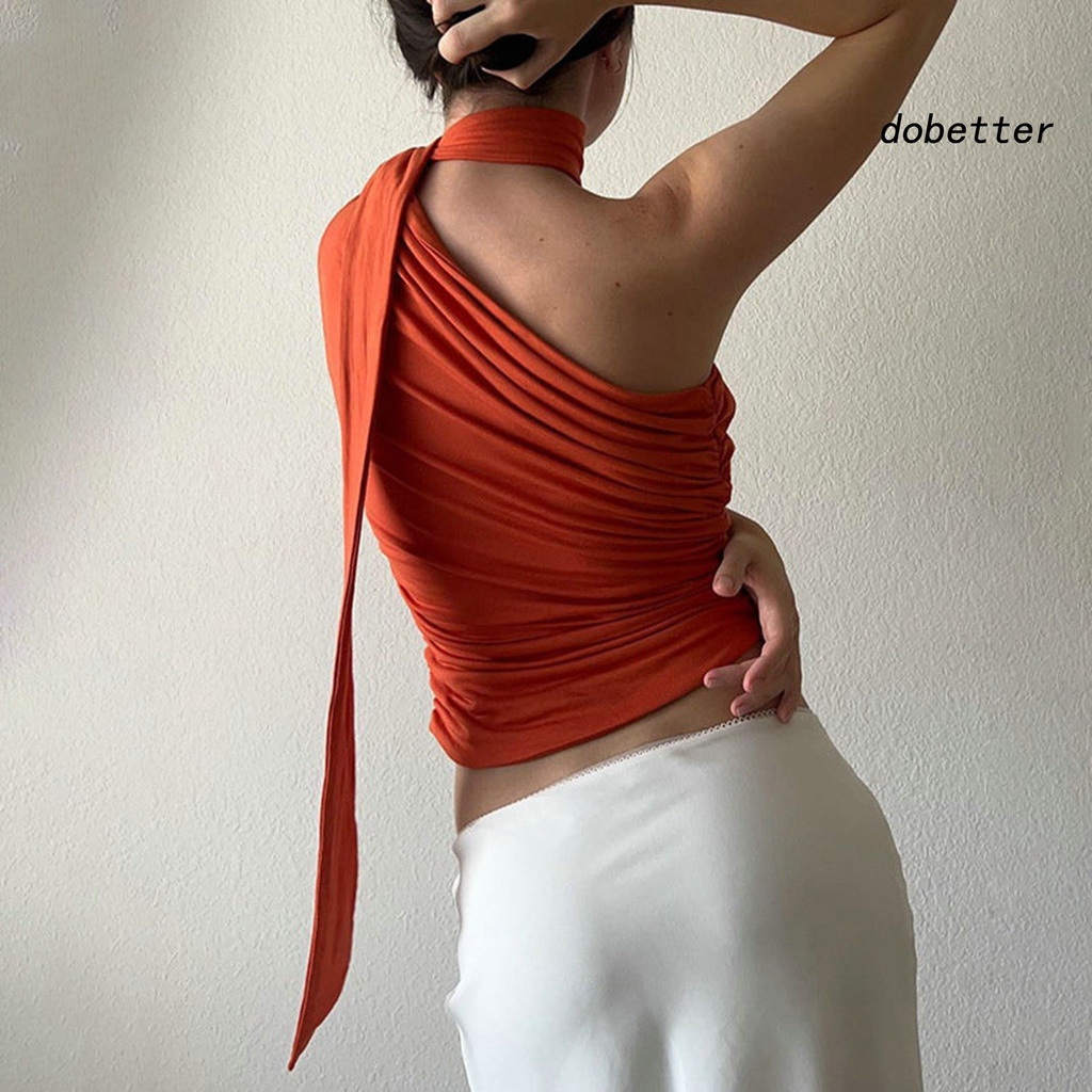 [DO] Áo Crop Top Không Tay Lệch Vai Ôm Dáng Màu Trơn Phối Ruy Băng Gợi Cảm Cho Nữ