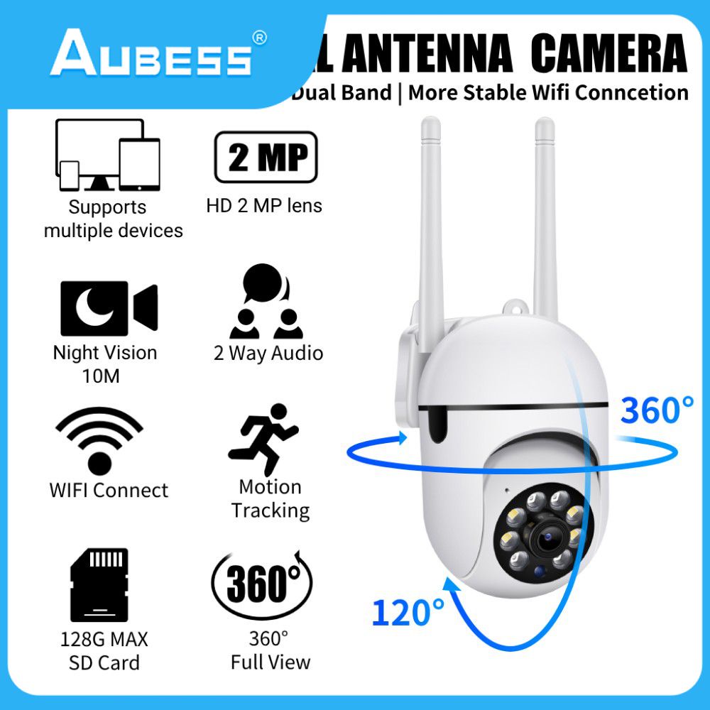 Aubess 5g 2 ĂNG TEN | 2MP HD 1080P | Camera Không Dây Wifi Trong Nhà | Cuộc Gọi Hai Chiều | Xoay 360 Độ | Tầm Nhìn Ban đêm | 2.4Ghz | Camera Không Dây Ngoài Trời