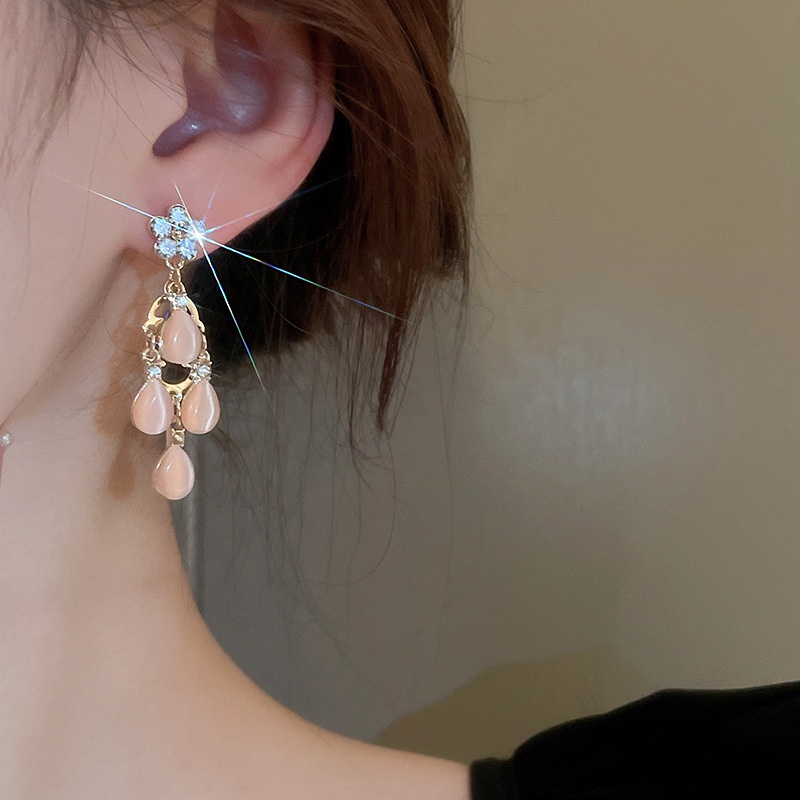 Bông Tai Mạ Bạc Đính Đá Opal Hình Giọt Nước Thời Trang Cao Cấp