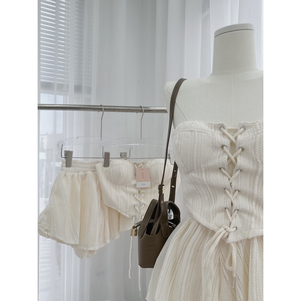 Set croptop ống đan dây ngực + short váy
