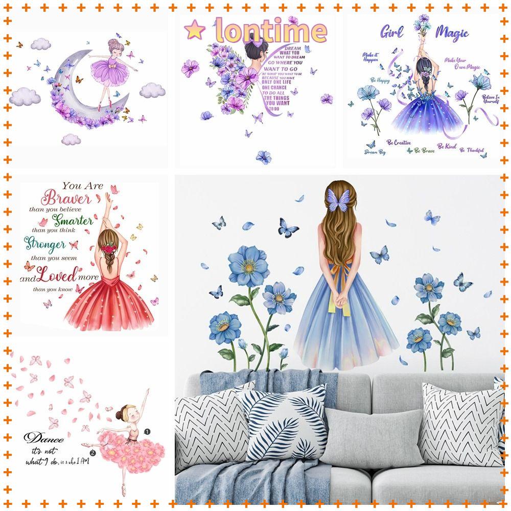 Đề Can Dán Tường Tự Dính Họa Tiết Công Chúa Và Hoa Bướm Sáng Tạo Trang Trí Nhà Cửa
