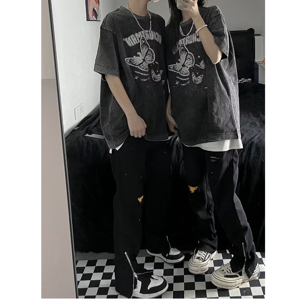 Áo Thun Tay Ngắn Cổ Tròn Dáng Rộng In Hình Bướm Phong Cách Retro Mỹ Thời Trang Mùa Hè Cá Tính