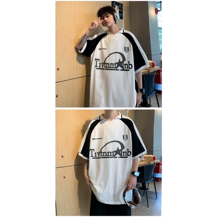 Áo Thun polo Tay Ngắn Dáng Rộng Màu Sắc Tương Phản Phong Cách Retro Mỹ Thời Trang Mùa Hè Cho Nam