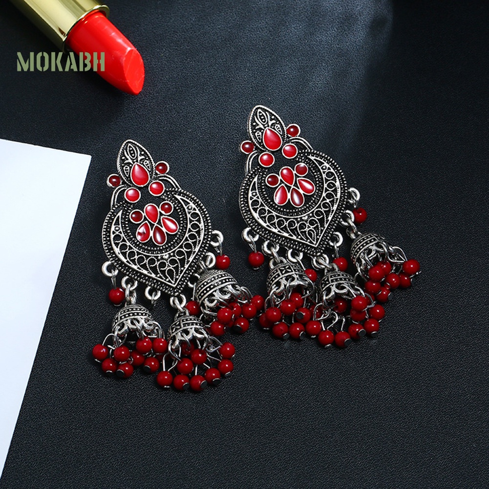 Bông Tai Chuỗi Hạt Trái Tim Phối Tua Rua Phong Cách Bohemian