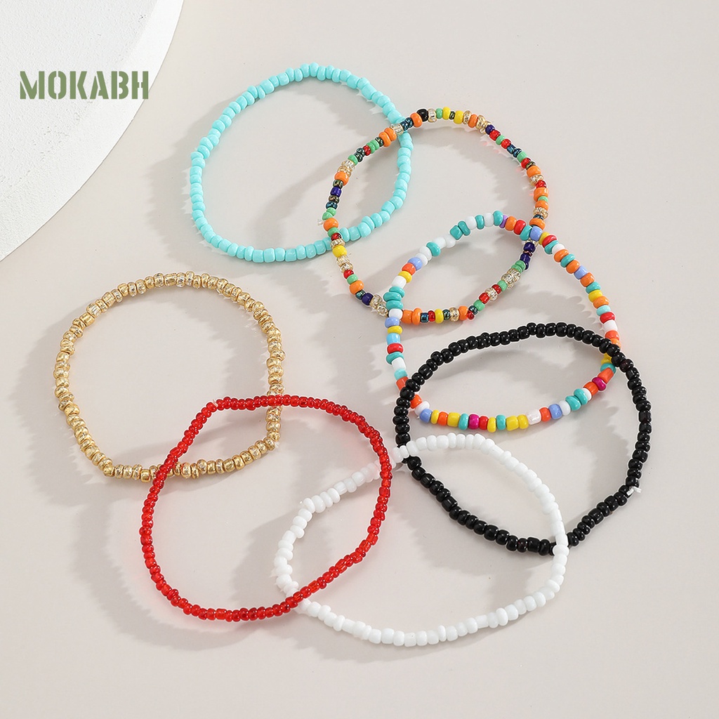 [Mok Abh] Set 7 Vòng Tay Chuỗi Hạt Nhiều Màu Sắc Tương Phản Co Giãn Dành Cho Nữ Đi Biển