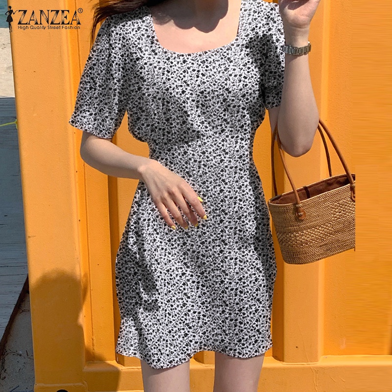 ZANZEA Đầm Tay Ngắn Phồng Cổ Vuông In Họa Tiết Hoa Phong Cách Hàn Quốc Thời Trang Cho Nữ