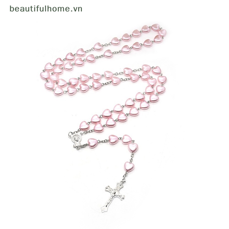 [beautifulhome] Vòng cổ Chuỗi Hạt Mặt Thánh Giá Màu Hồng Thời Trang [beauty]