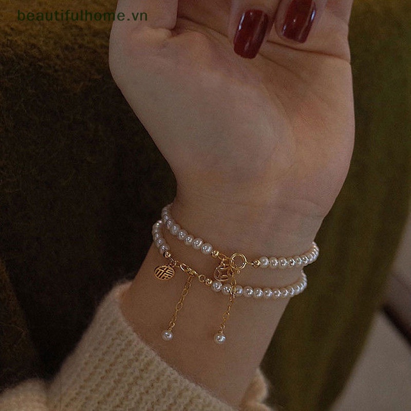 [beautifulhome] Vòng Tay Chuỗi Hạt Ngọc Trai Rỗng Bằng Đồng Cổ Điển Thời Trang Có Thể Điều Chỉnh Trang Sức May Mắn [beauty]