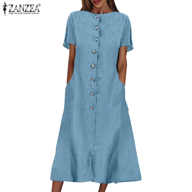 Zanzea Đầm Ngắn Tay Cổ Tròn Form Rộng Phong Cách Cổ Điển Dành Cho Nữ
