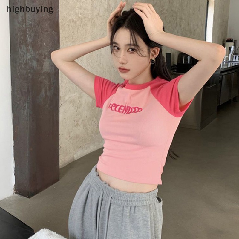 Áo Thun Lửng Ngắn Tay Thêu Chữ Cá Tính Cho Nữ