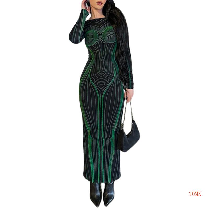 Xiangbao Đầm Dài Ôm Dáng Tay Dài Cổ Tròn In Họa Tiết Sọc Xanh Lá Tương Phản Harajuku Cho Nữ