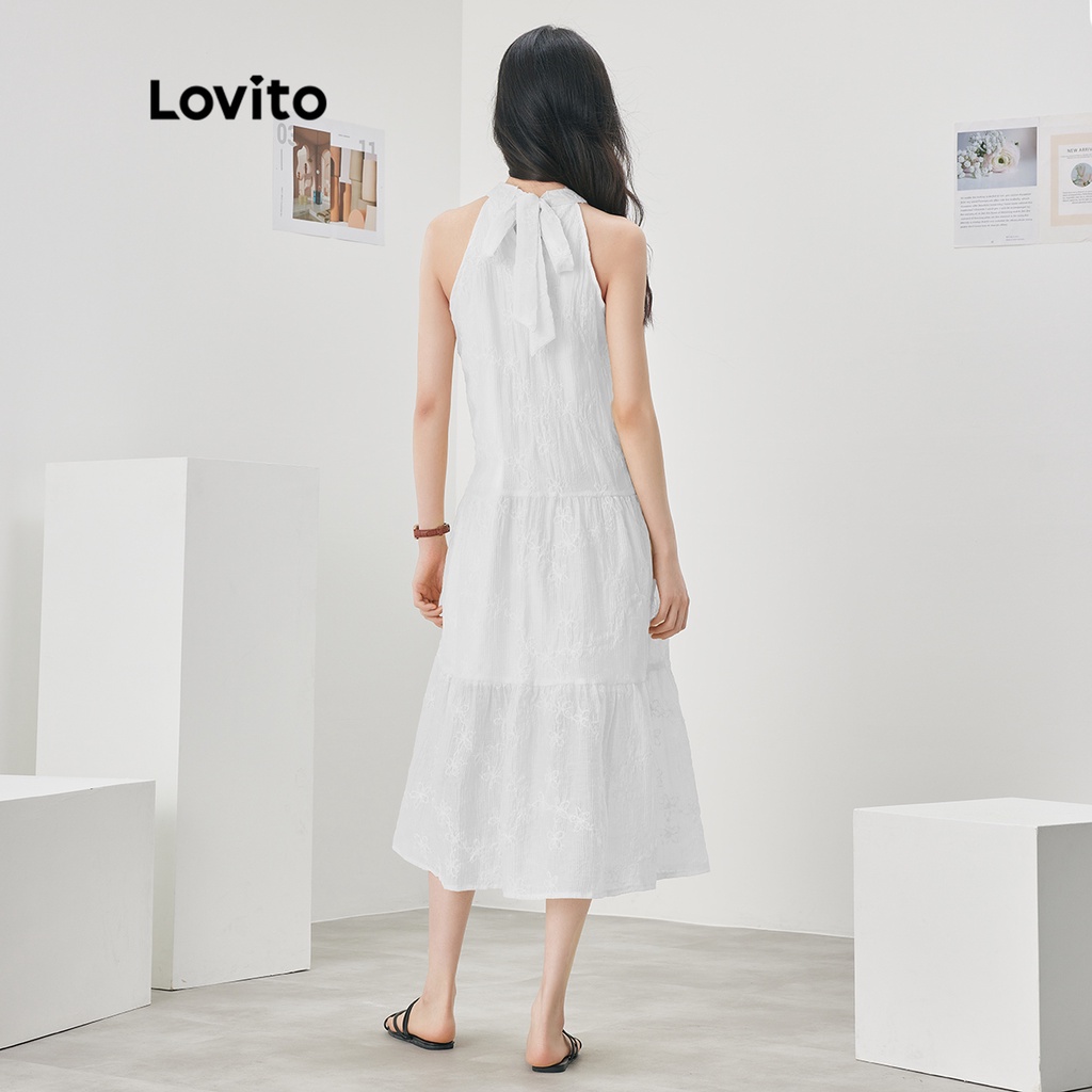 Đầm Lovito dáng chữ A không tay màu trơn dây buộc phía sau phong cách thường ngày dành cho nữ L52AD082 (màu mơ/trắng)