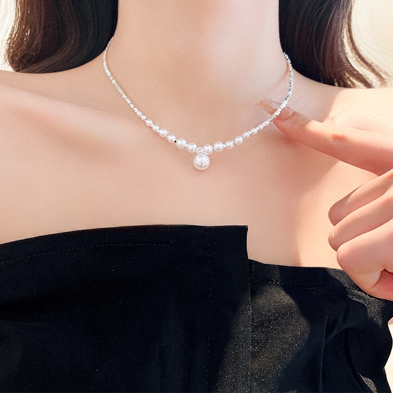 Vòng cổ Mạ Bạc Mặt Hình Tam Giác Đính Ngọc Trai Nhân Tạo Thời Trang