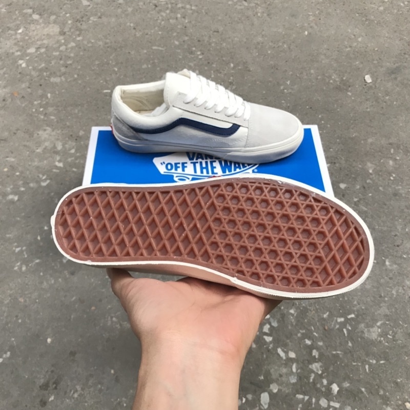 Giày thể thao Vans old skool trắng xanh navy, Giày Vans trắng xám sọc đen nam nữ cao cấp full box