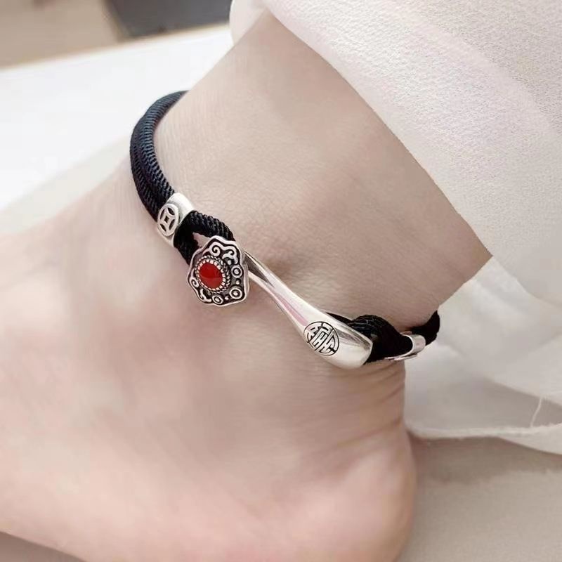 Vòng Đeo Chân Dây Bện Màu Bạc 925 Phong Cách Dân Tộc Ruyi Auspicious Màu Đỏ 925 Cổ Điển Dành Cho Cặp Đôi Nam Nữ
