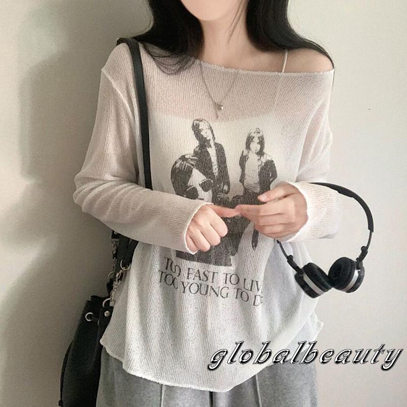 Áo Dệt Kim Mỏng Nhẹ Tay Dài Dáng Rộng In Họa Tiết Chân Dung Đơn Giản Dành Cho Nữ