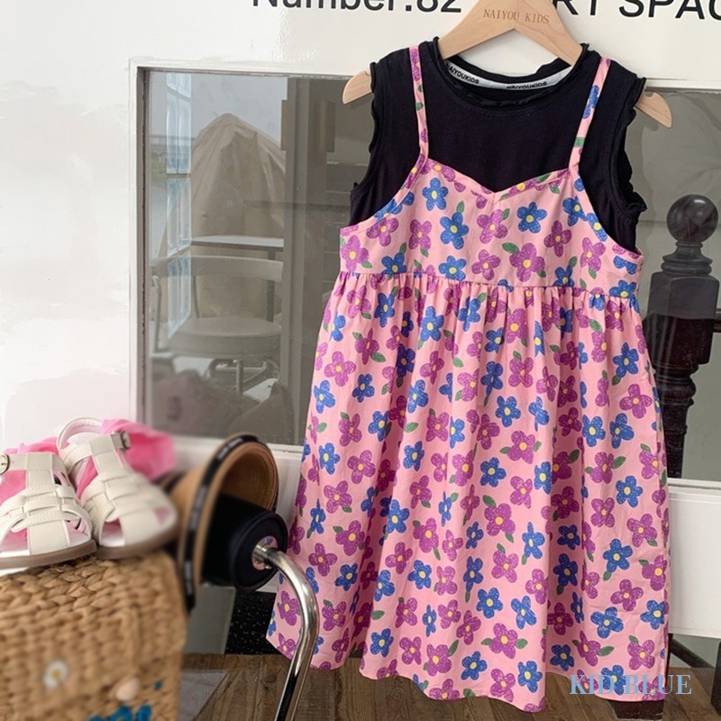 Đầm Công Chúa Giả Hai Lớp Cổ Tròn In Họa Tiết Hoa Phong Cách Hàn Quốc Thời Trang Mùa Hè Cho Bé Gái