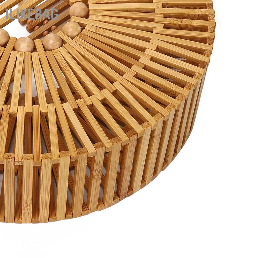 Ilikebag Túi dệt bằng tre xách hình bán nguyệt Tote bãi biển rỗng với hạt gỗ cho ngoài trời