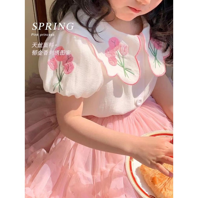 Áo Sơ Mi Trắng Cotton Tay Ngắn Thêu Hình Dành Cho Bé Gái Mùa Hè 2023 ，áo thun dài tay bé gái