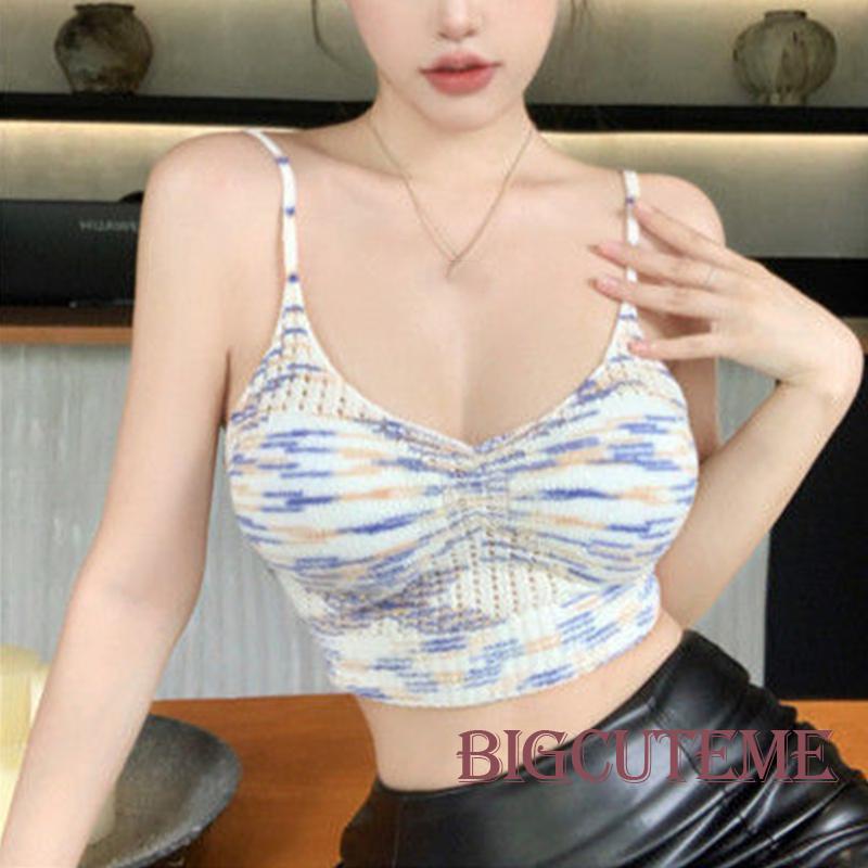[] - Áo Croptop Dệt Kim Hai Dây Có Đệm Co Giãn Cổ Chữ V Kẻ Sọc Nhiều Màu Mùa Hè Cho Nữ Đi Câu Lạc Bộ Đường Phố