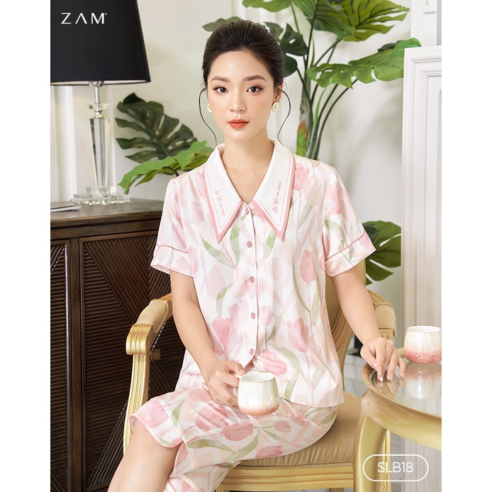 Bộ ngủ satin ZAM - SLB18 - BỘ NGẮN TAY QUẦN LỬNG TUYLIP HỒNG