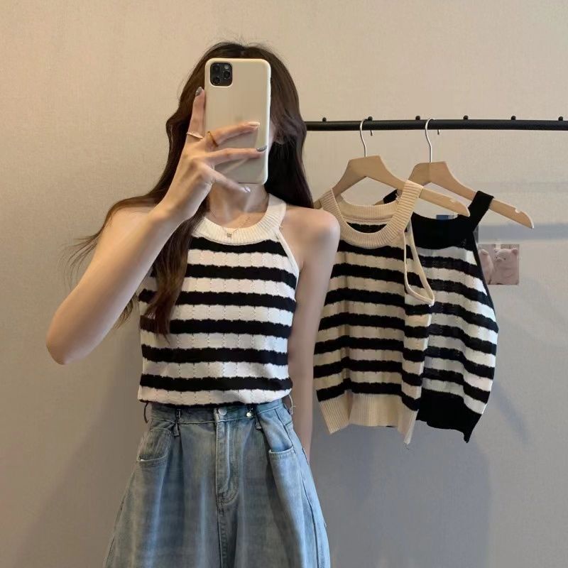 Áo Dệt Kim Không Tay Kẻ Sọc Phong Cách Thời Trang Mùa Hè Mới Cho Nữ