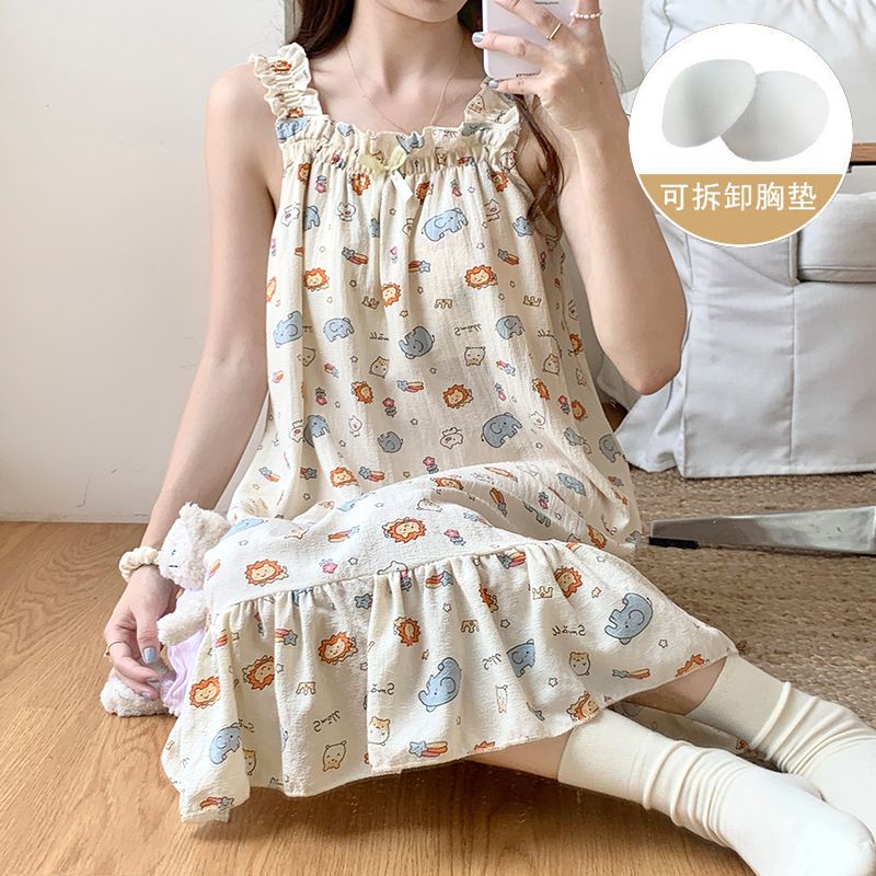 Bộ Đồ Ngủ Cotton Mỏng Màu Trơn Phong Cách Công Chúa Mùa Hè Hàn Quốc