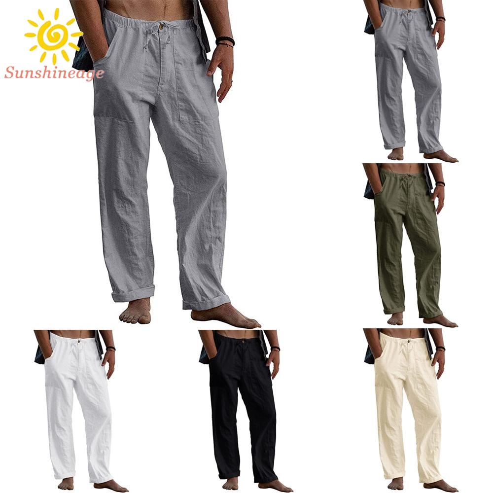 Quần Dài Đi Biển Dáng Rộng Chất Liệu Cotton Lanh Co Giãn Màu Trơn Thời Trang Mùa Hè Cho