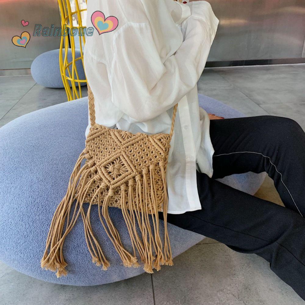 Túi Rơm Đan Thủ Công Màu Cầu Vồng Phối Núm Tua Thời Trang Mùa Hè Cho Nữ