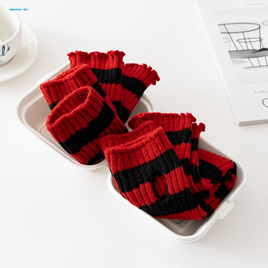 Găng Tay Dệt Kim Hở Ngón Co Giãn Họa Tiết Kẻ Sọc Đen Đỏ Hóa Trang Halloween Cho Nữ