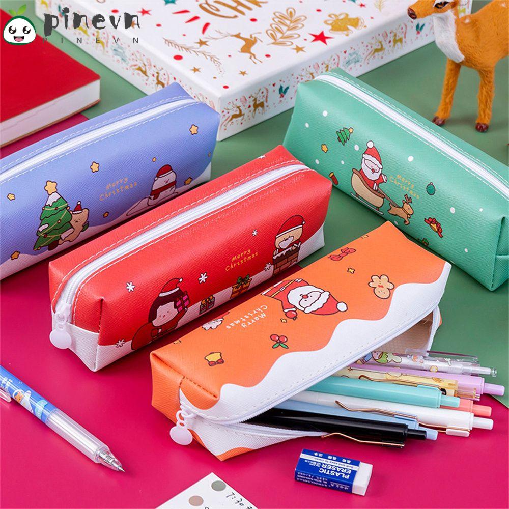 PINEVN Túi Đựng Bút Bằng Da Pu Cỡ Lớn Họa Tiết Giáng Sinh Dễ Thương